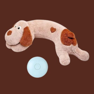 En el Cuidado de las Mascotas. Es esencial, evitar el Estrés.. Peluche de Perrito alargado con Latidos del Corazón