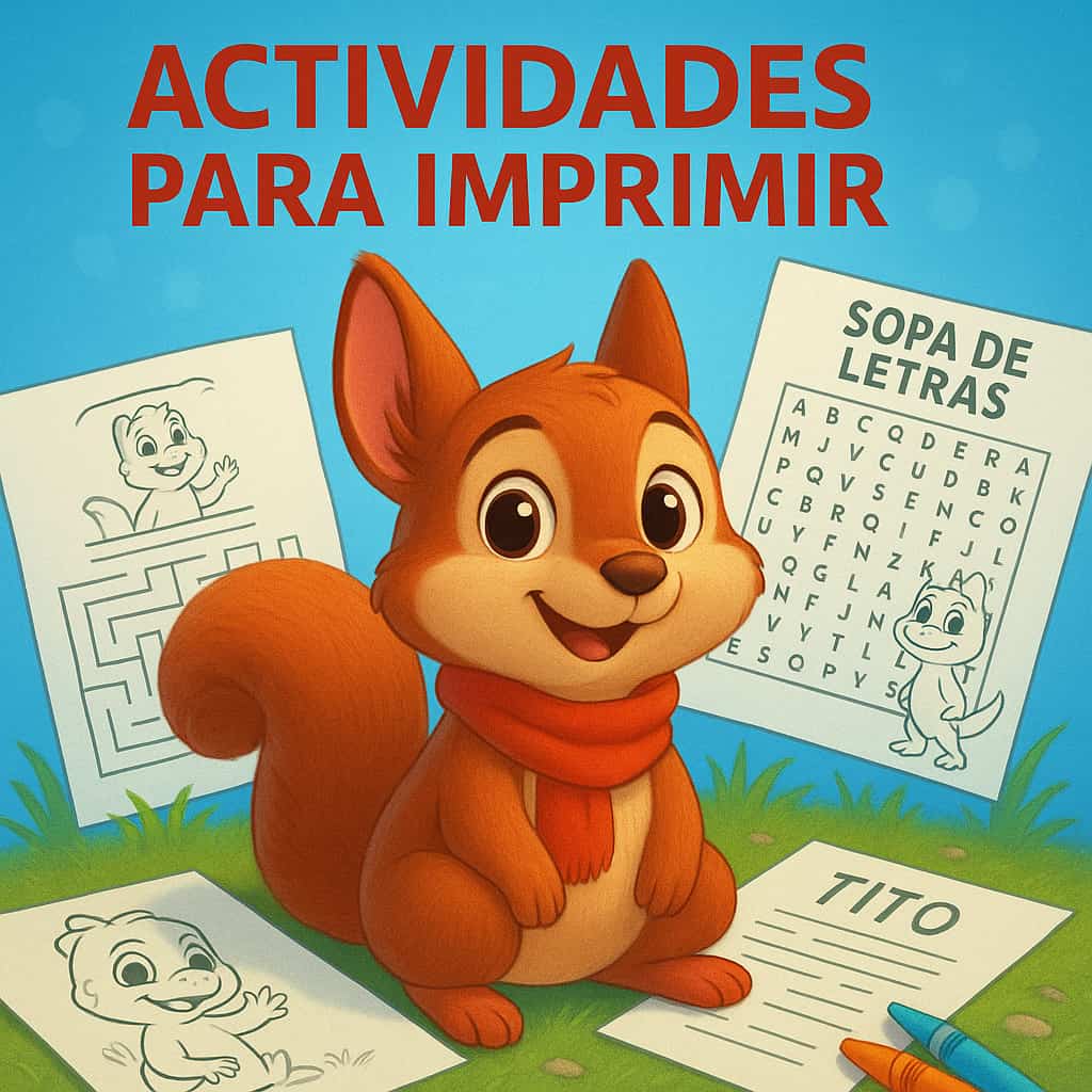 La Tienda de MILO Ilustración colorida de Milo rodeado de páginas para colorear, laberintos y juegos