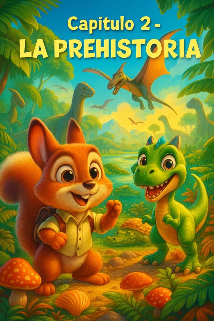 Los Viajes de Milo Portada ilustrada del Capítulo 2 “La Prehistoria” del libro de Milo, mostrando a Milo y a Tito, un pequeño dinosaurio con cuernos, en un bosque prehistórico