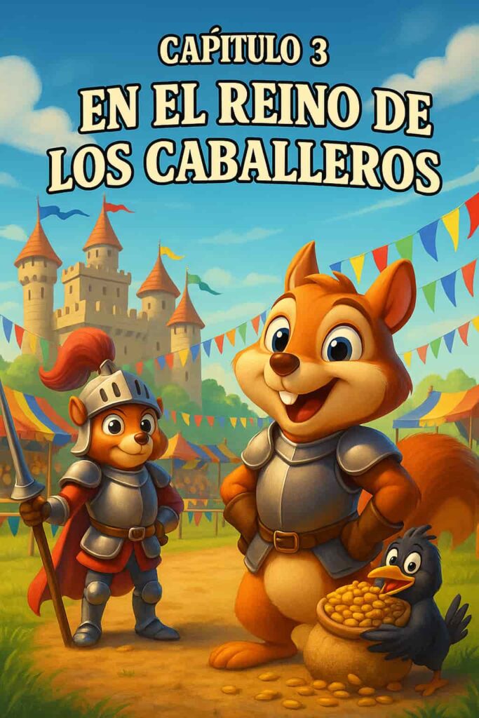 Portada ilustrada del Capítulo 3 “En el Reino de los Caballeros” del libro de Milo, con un castillo medieval, Milo y una ardilla caballero en armadura