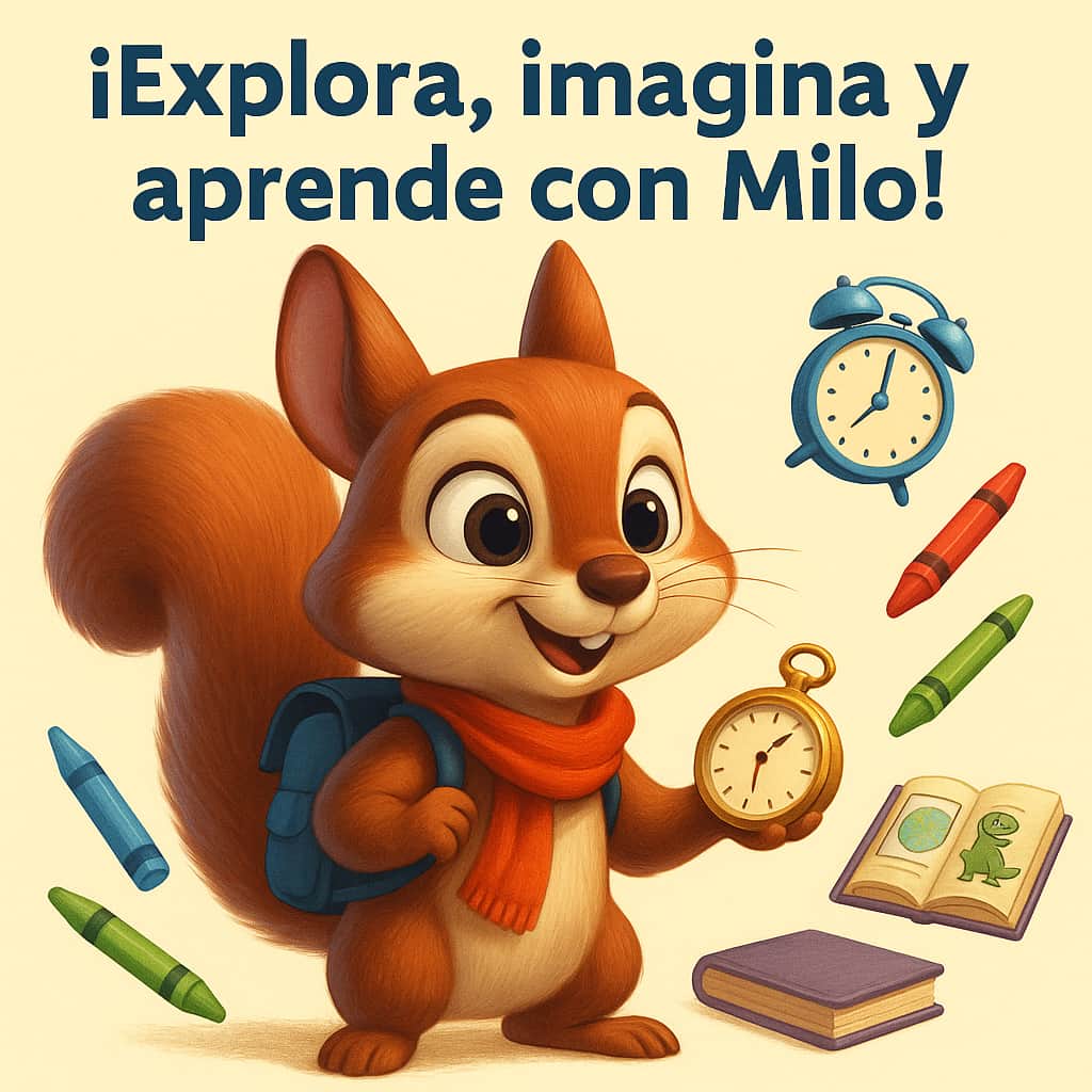 La Tienda de MILO Ilustración de Milo, una ardilla animada con mochila y reloj, rodeado de crayones, libros y relojes sobre fondo amarillo