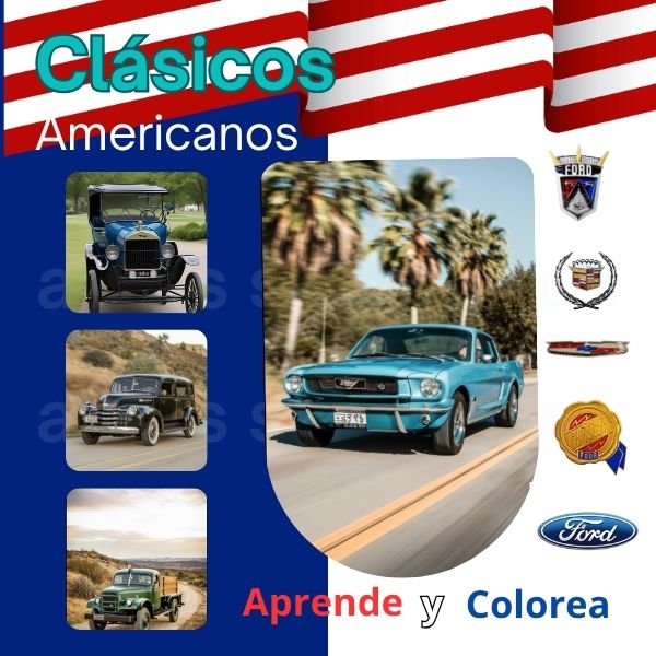 Actividades para Imprimir Imagenes de Autos Clásicos Americanos y Logotipos de las marcas predominantes.