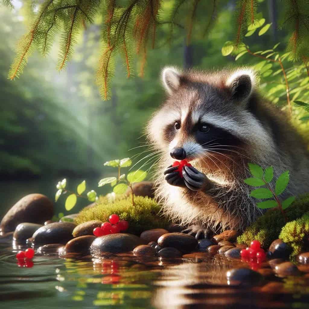 El Mapache: 7 hábitos secretos del ladrón más inteligente de los bosques El Mapache, comiendo frutas en la orilla de un río