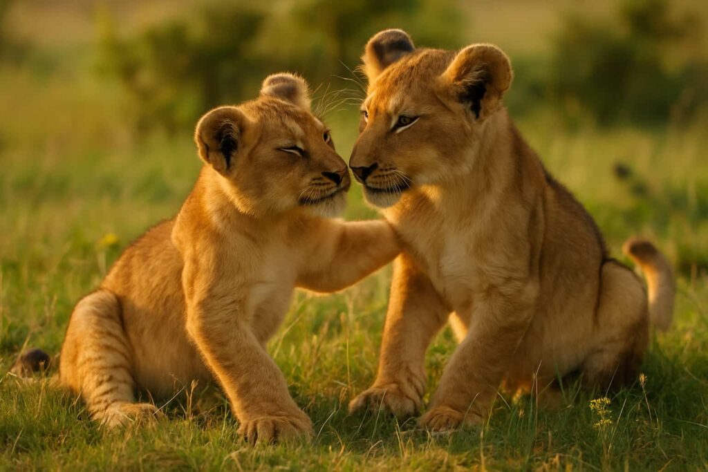 El León Africano: 7 Secretos Fascinantes del Rey de la Sabana Dos cachorros de león africano jugando en la hierba