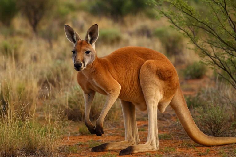 El Canguro rojo en el interior de Australia entre matorrales secos y tierra rojiza