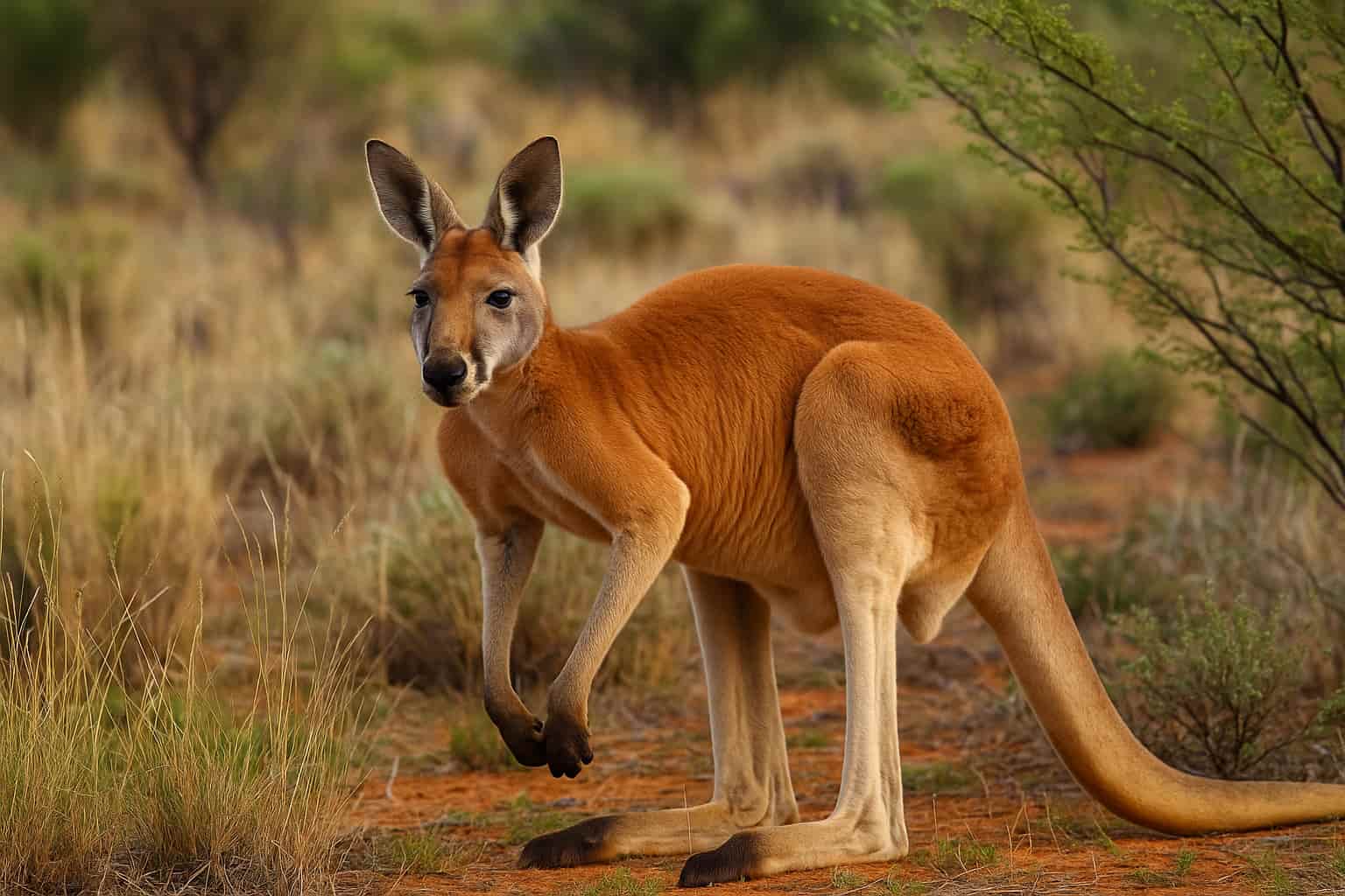 El Canguro rojo en el interior de Australia entre matorrales secos y tierra rojiza