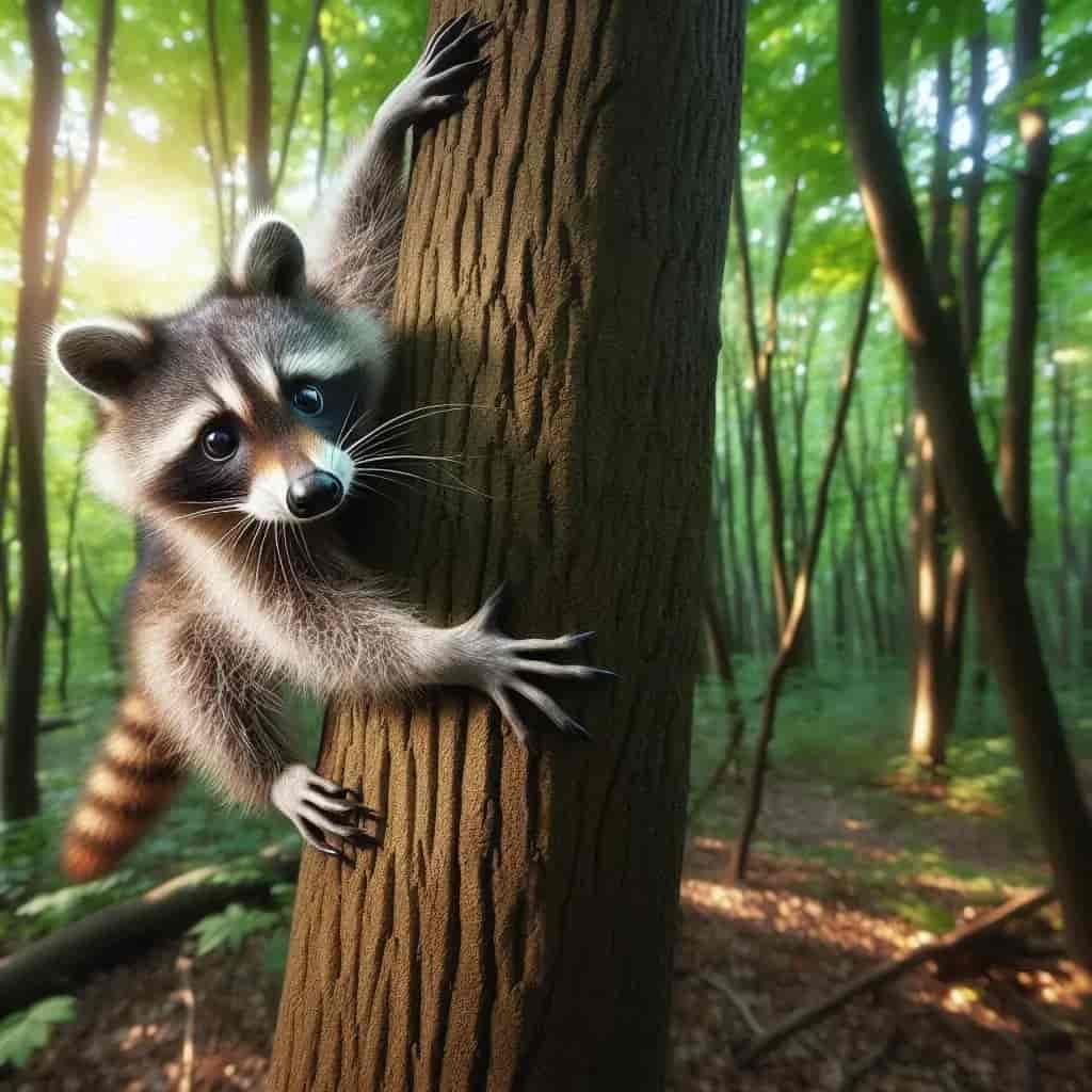 El Mapache: 7 hábitos secretos del ladrón más inteligente de los bosques Mapache subiendo a un árbol para escapar