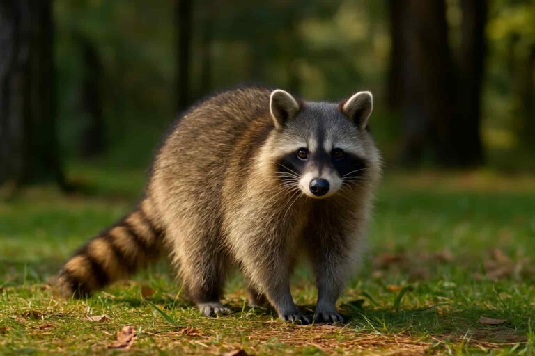 El Mapache salvaje en un bosque al atardecer