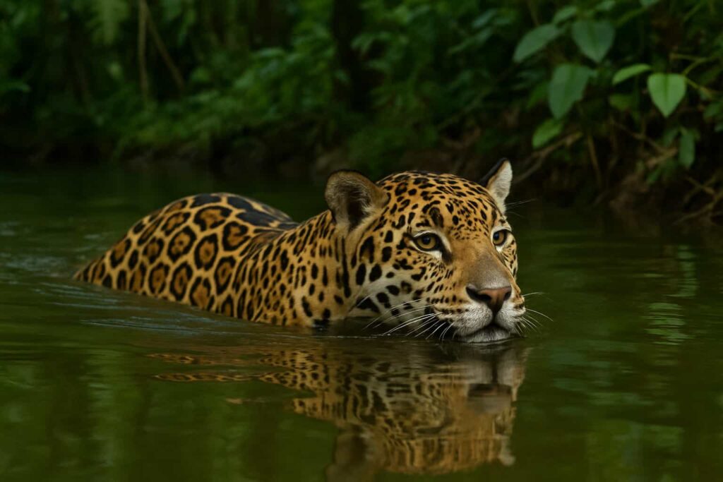 Depredador de América: 6 Misterios del Sigiloso Jaguar Jaguar nadando en un río en la selva