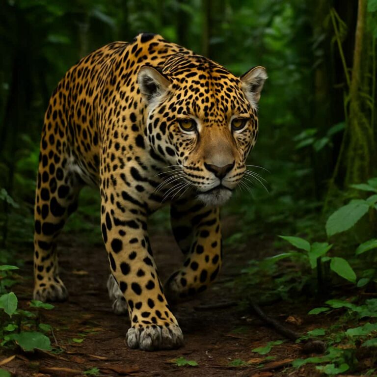 Jaguar adulto, depredador de América, caminando sigilosamente en la selva