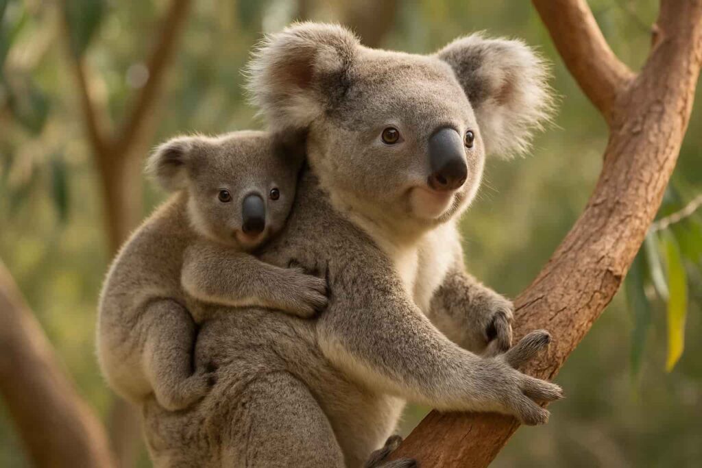 El koala: 8 curiosidades del guardián soñoliento de los eucaliptos australianos Koala madre con su cría en un árbol