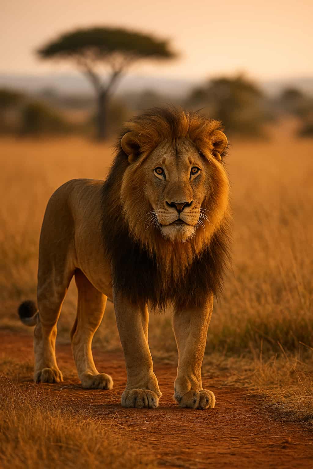 Fotografía de EL León Africano macho caminando por la sabana