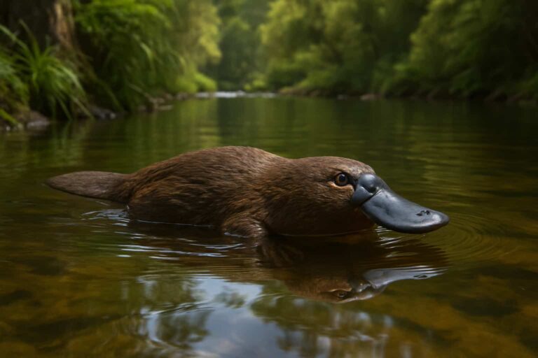 Ornitorrinco nadando en un río australiano rodeado de vegetación natural