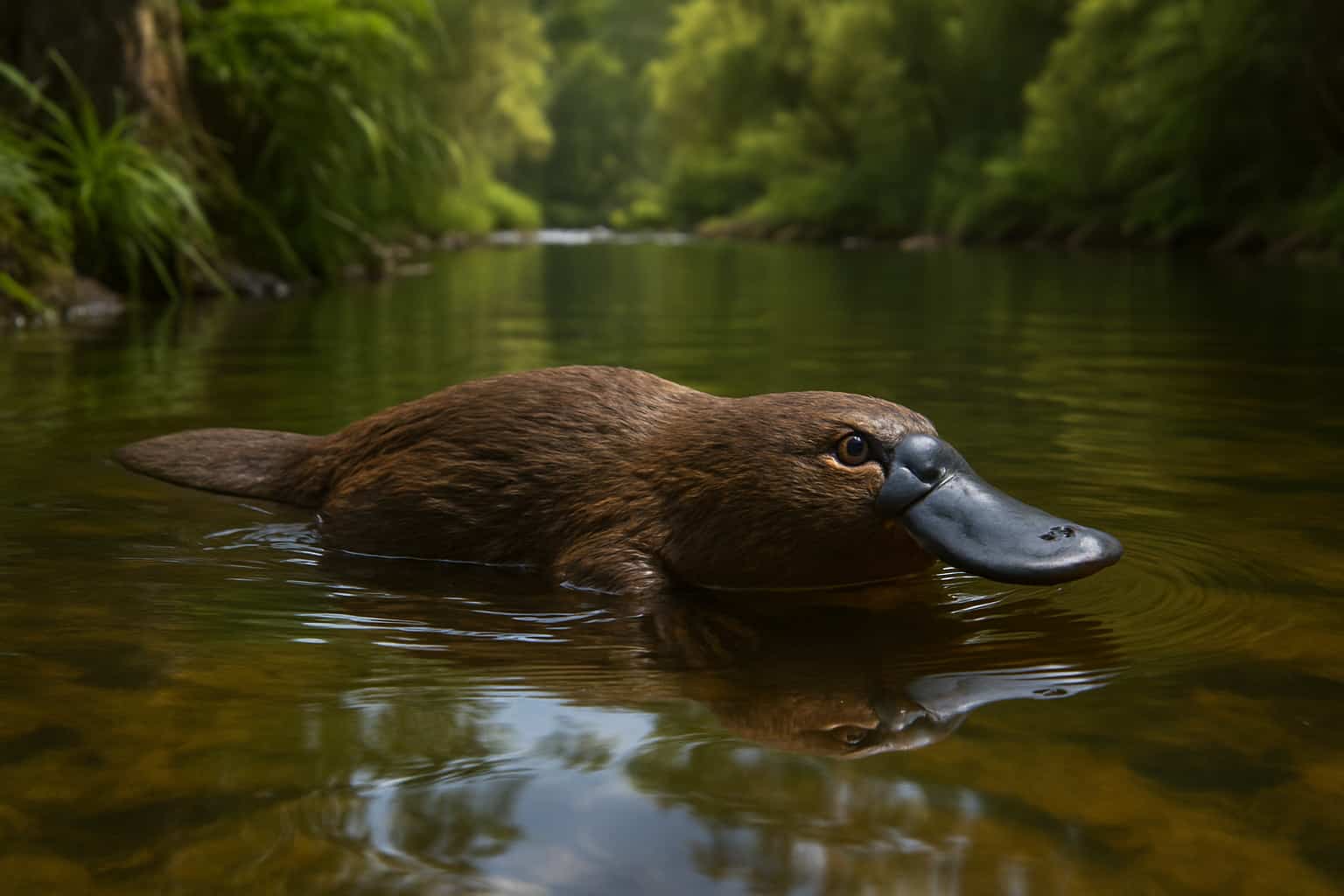 Ornitorrinco nadando en un río australiano rodeado de vegetación natural