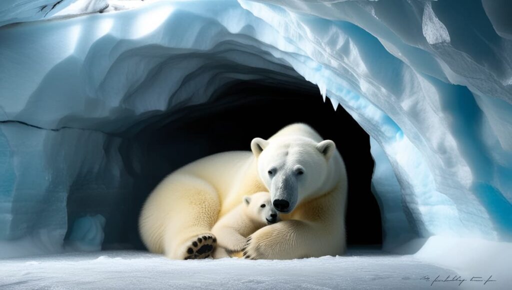 Hembra de oso polar con su cría descansando y protegiendose del frío