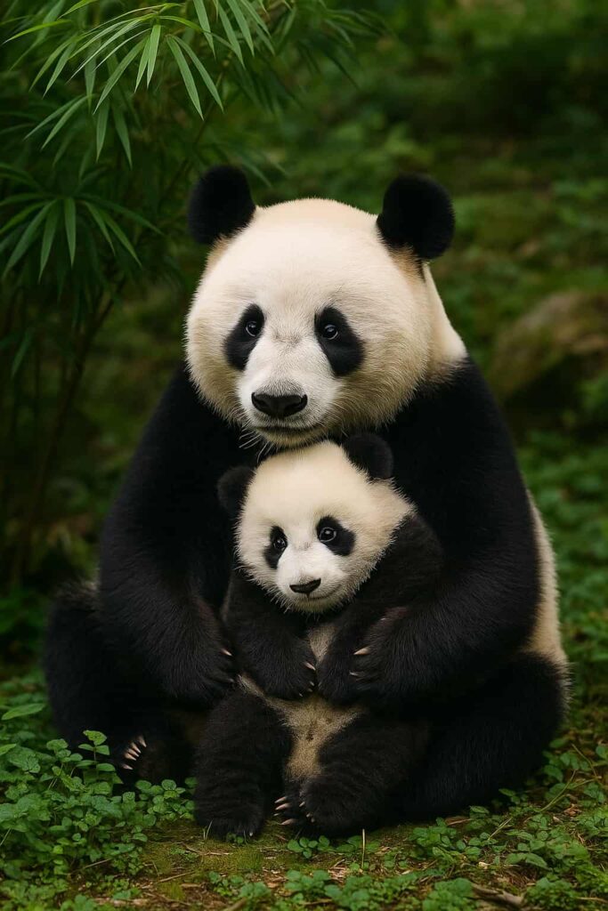 Tierno momento entre madre e hijo: Panda gigante y su cría Madre panda gigante sosteniendo a su cría en un tierno abrazo