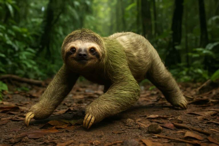 Perezoso de tres dedos colgado de una rama en la selva tropical