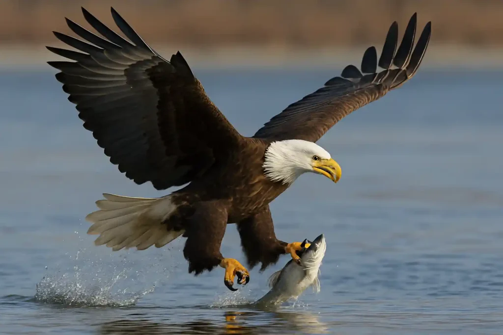 Águila Calva: De la Extinción a la Recuperación - Una Historia de Éxito y Esperanza Águila calva atrapando un pez en el agua