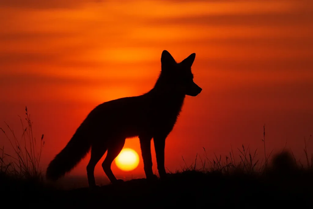 El Zorro Rojo de Europa: 10 Secretos Asombrosos que Te Dejarán Sin Aliento El Zorro Rojo de Europa silueteado contra el sol poniente, simbolizando misterio y belleza.