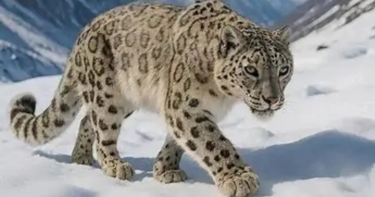 Leopardo de las Nieves: Descubre 7 Secretos Impactantes del Misterioso y Legendario Fantasma de las Montañas Asiáticas Leopardo de las Nieves caminando en su hábitat nevado del Himalaya, con un paisaje montañoso al fondo.