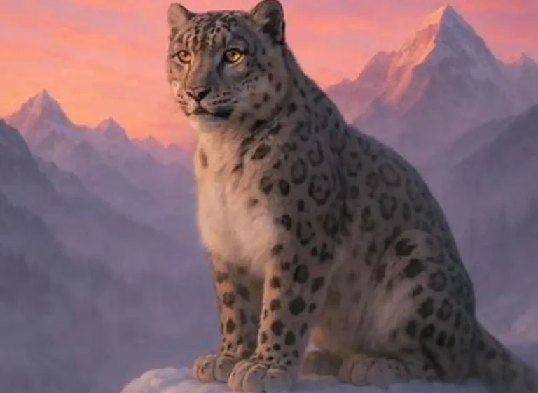 Leopardo de las Nieves posado en una roca nevada del Himalaya al atardecer, con picos montañosos en el fondo.