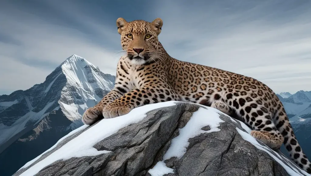 Leopardo de las Nieves: Descubre 7 Secretos Impactantes del Misterioso y Legendario Fantasma de las Montañas Asiáticas Leopardo de las Nieves vigilando su territorio desde un pico montañoso en el Himalaya.
