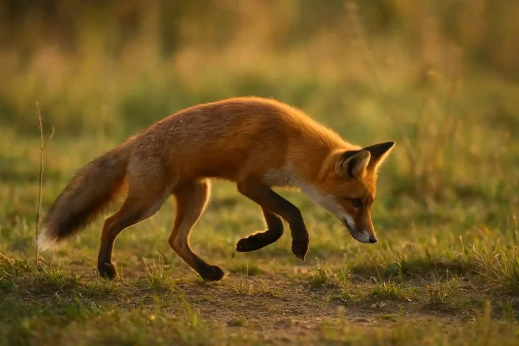 El Zorro Rojo de Europa: 10 Secretos Asombrosos que Te Dejarán Sin Aliento El Zorro rojo de Europa cazando en un prado al atardecer, mostrando su agilidad y sigilo.