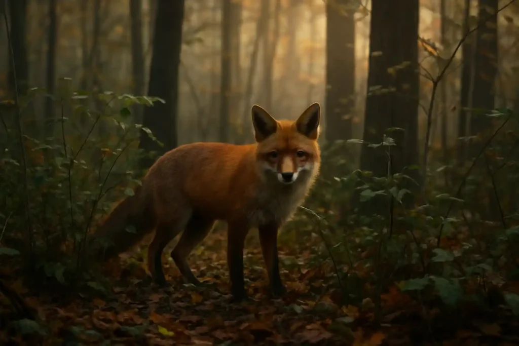 El Zorro Rojo de Europa: 10 Secretos Asombrosos que Te Dejarán Sin Aliento El Zorro Rojo de Europa oculto en un denso bosque caducifolio, mostrando su adaptabilidad al entorno natural.