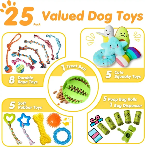 Pack de Juguetes para Cachorros – 25 Unidades- Mordedores, Peluches con Sonido, Pelota de Premios y Cuerdas Resistentes (Perros Pequeños)