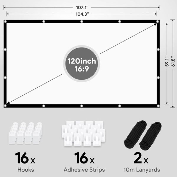 Pantalla proyector 120 pulgadas Osoeri. 16:9 HD antiarrugas plegable portátil lavable – Pantalla de proyección de doble cara para cine en casa y exteriores
