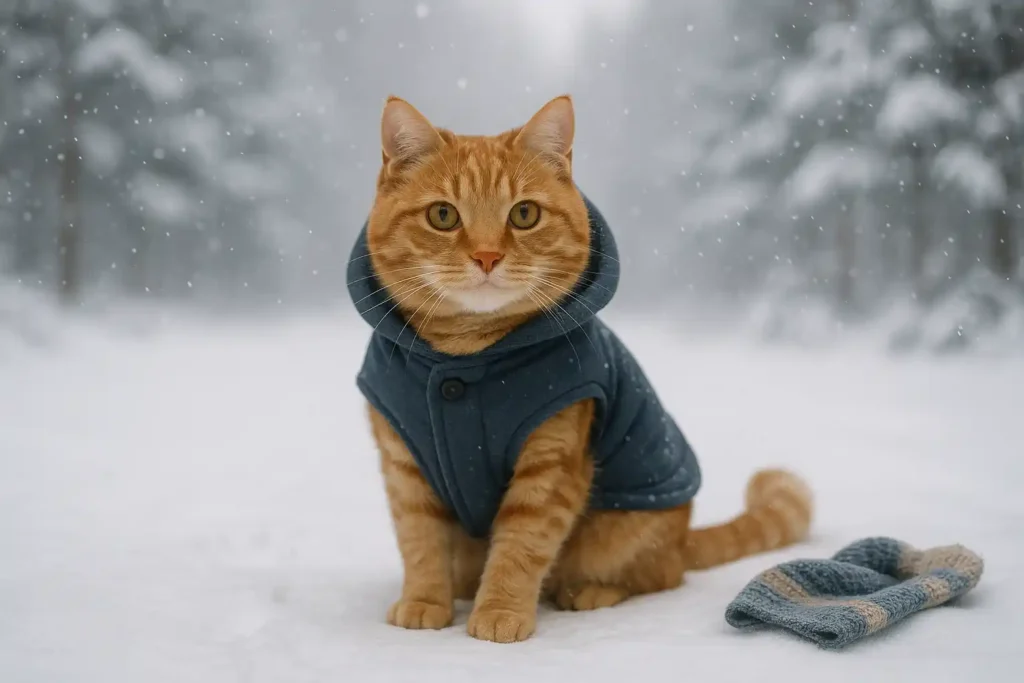 Descubre el Cuidado Estacional de Mascotas: 7 Secretos Infalibles para un Año de Felicidad : Gato protegido en invierno como parte del cuidado estacional de mascotas.
