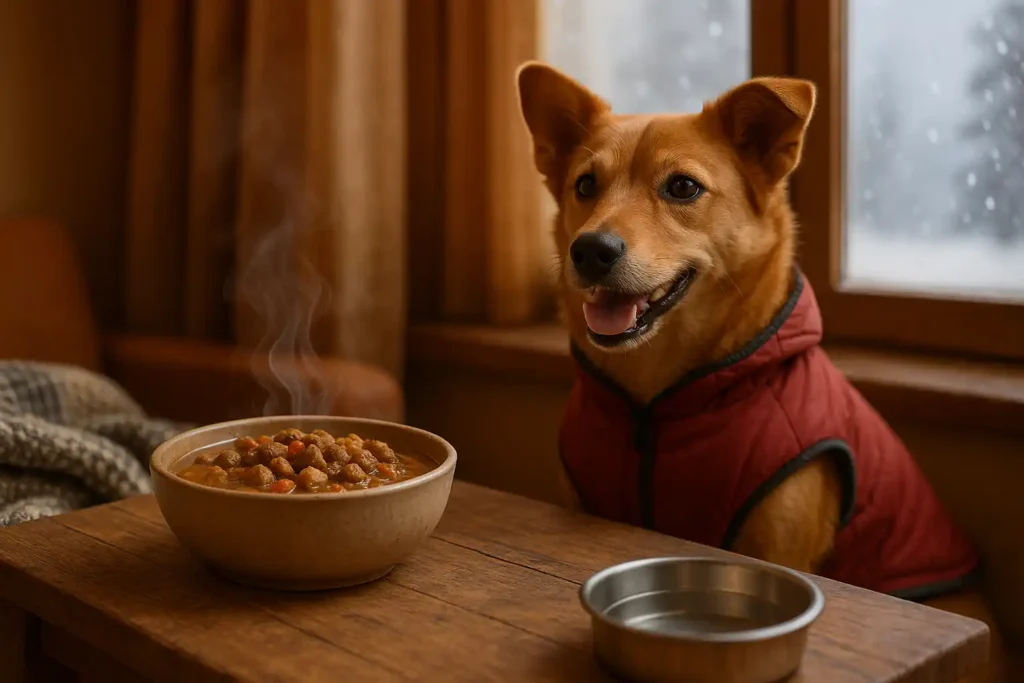 Descubre el Cuidado Estacional de Mascotas: 7 Secretos Infalibles para un Año de Felicidad Comida nutritiva para cuidado estacional de mascotas en invierno con caldo caliente.