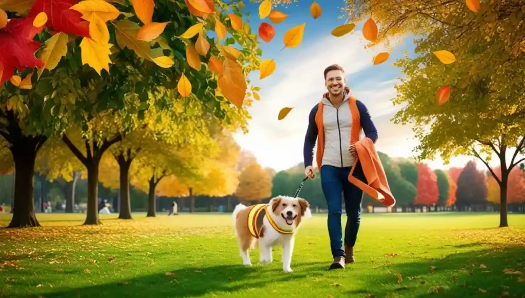 Descubre el Cuidado Estacional de Mascotas: 7 Secretos Infalibles para un Año de Felicidad Dueño y perro disfrutando del cuidado estacional de mascotas en otoño con hojas caídas.
