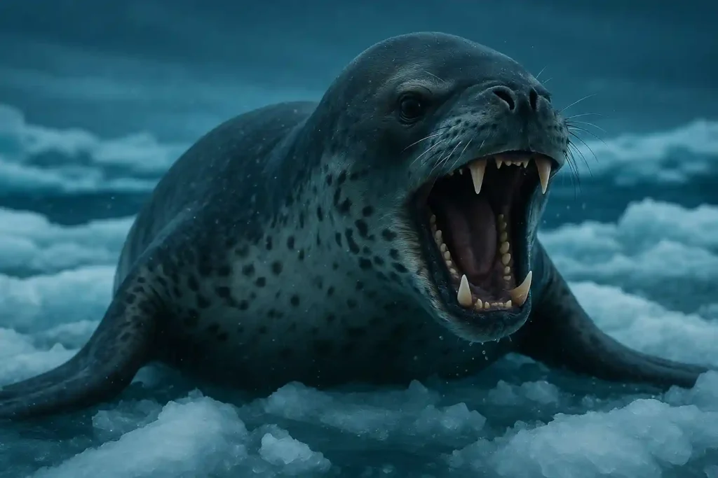Foca Leopardo: Descubre los 10 Secretos Más Terroríficos del Depredador Antártico Foca leopardo mostrando dientes en defensa