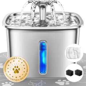 Veken Fuente de Agua para Gatos y Perros de Acero Inoxidable – Automática con Filtros de Repuesto y Alfombrilla de Silicona