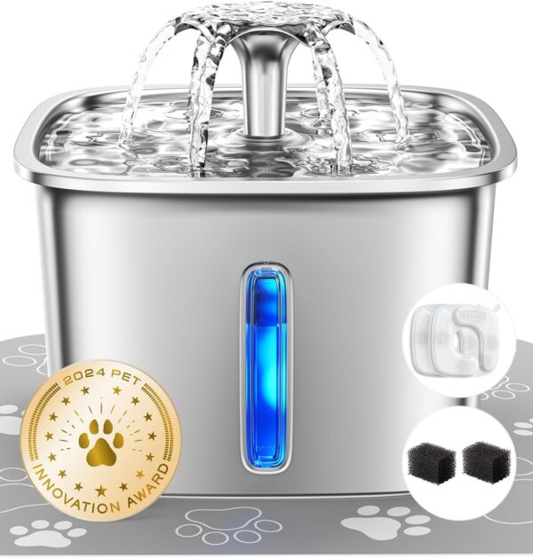 Veken Fuente de Agua para Gatos y Perros de Acero Inoxidable – Automática con Filtros de Repuesto y Alfombrilla de Silicona