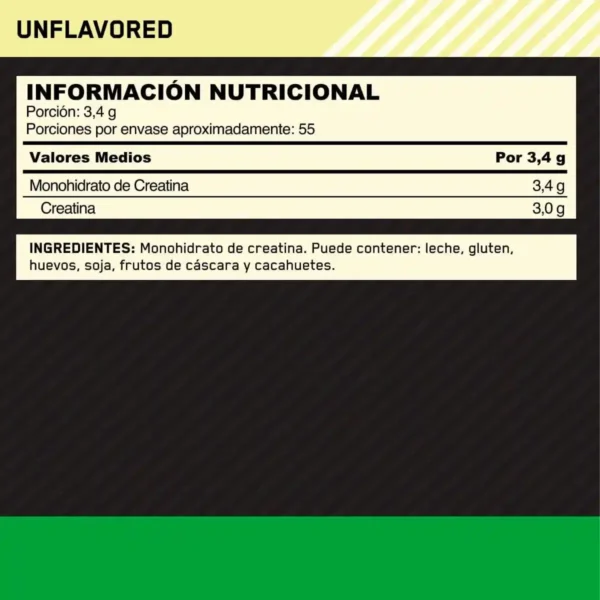 Optimum Nutrition Creatina Micronizada en Polvo Sin Sabor – 187 g (55 servicios) – Monohidrato 100 % Puro.