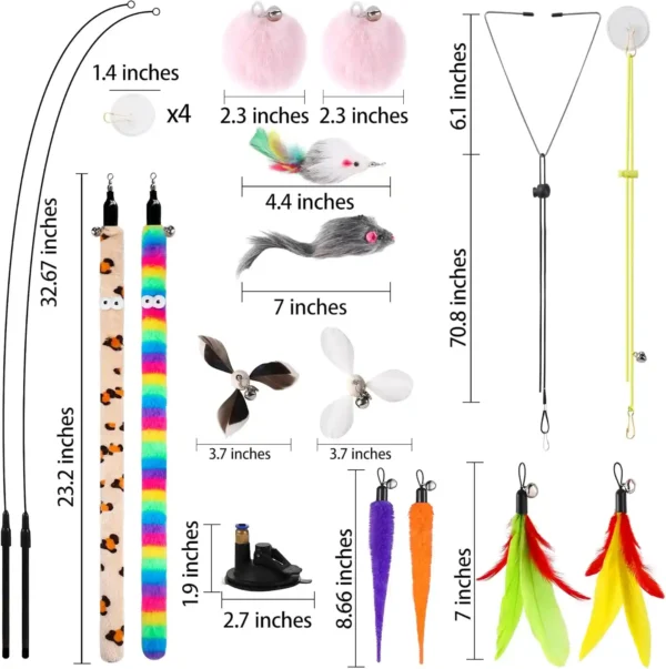 Juguete Interactivo para Gatos 4 en 1 – 12 Piezas con Cañas, Plumas y Accesorios para Puerta y Succión