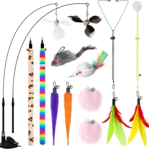 Juguete Interactivo para Gatos 4 en 1 – 12 Piezas con Cañas, Plumas y Accesorios para Puerta y Succión