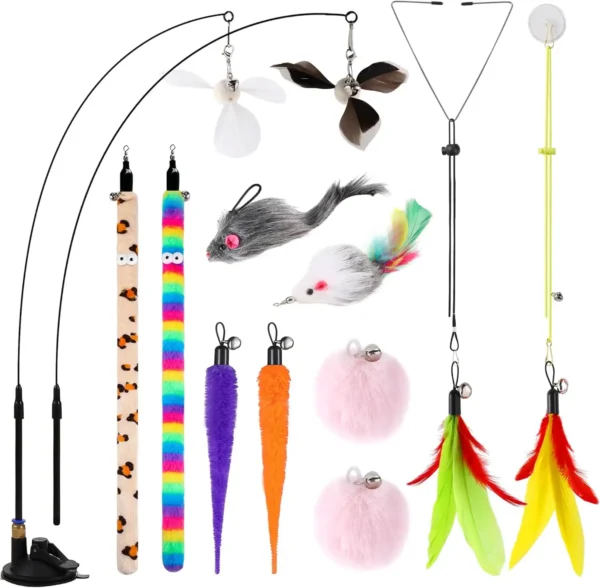 Juguete Interactivo para Gatos 4 en 1 – 12 Piezas con Cañas, Plumas y Accesorios para Puerta y Succión