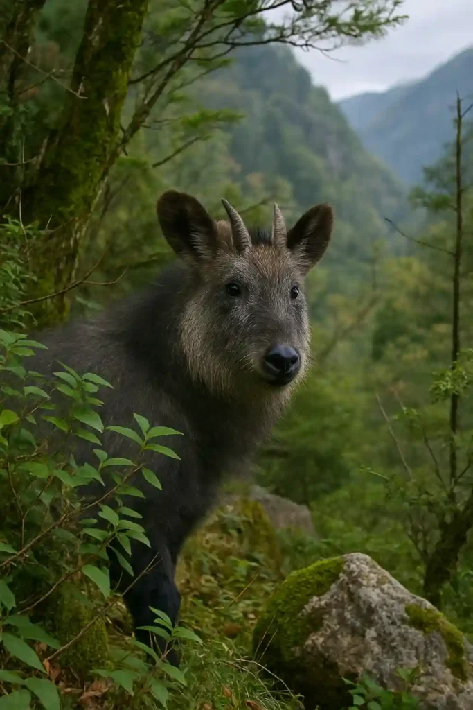 Serow Japonés o Cabra Azul del Himalaya: Descubre 7 Secretos Increíbles de Este Guardián de las Montañas Asiáticas Serow japonés o cabra azul del Himalaya oculto en bosque montañoso japonés.