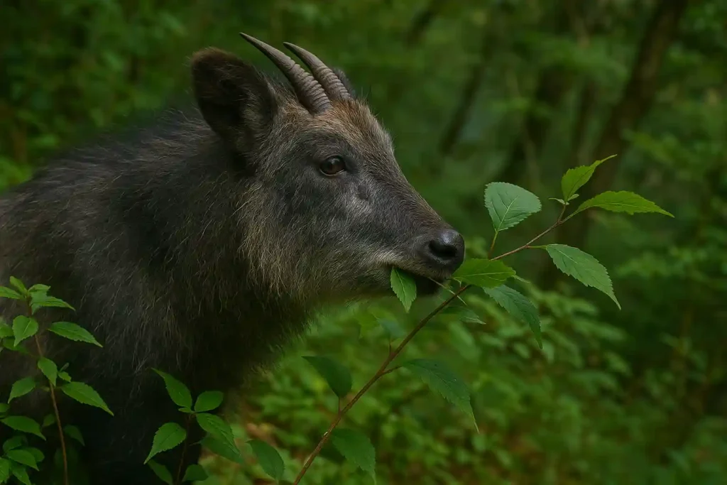 Serow Japonés o Cabra Azul del Himalaya: Descubre 7 Secretos Increíbles de Este Guardián de las Montañas Asiáticas Serow japonés o cabra azul del Himalaya comiendo hojas en el bosque.