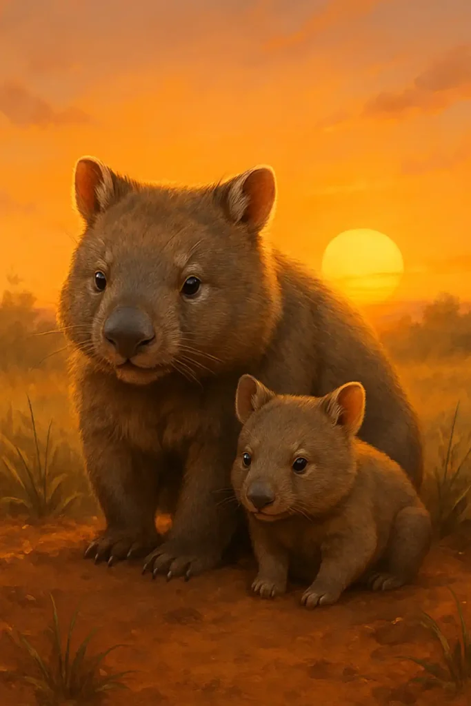 Wombat: Descubre los 7 Secretos Asombrosos que Hacen a Este Animal el Rey Oculto de Australia Wombat adulto junto a su cría en un paisaje australiano, con el sol poniéndose en el horizonte y tonos cálidos en el cielo.
