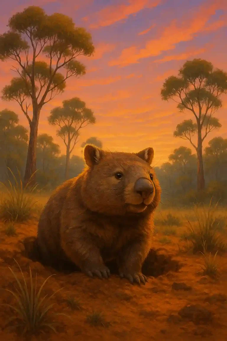 Wombat: Descubre los 7 Secretos Asombrosos que Hacen a Este Animal el Rey Oculto de Australia Un wombat robusto saliendo de su madriguera en un bosque australiano al atardecer, rodeado de pastos nativos y eucaliptos, evocando aventura y vida silvestre.