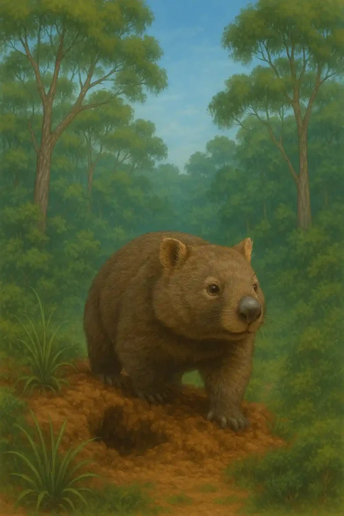 Wombat: Descubre los 7 Secretos Asombrosos que Hacen a Este Animal el Rey Oculto de Australia Un wombat explorando un bosque eucalipto en Australia, mostrando su entorno natural con tierra suelta y vegetación densa