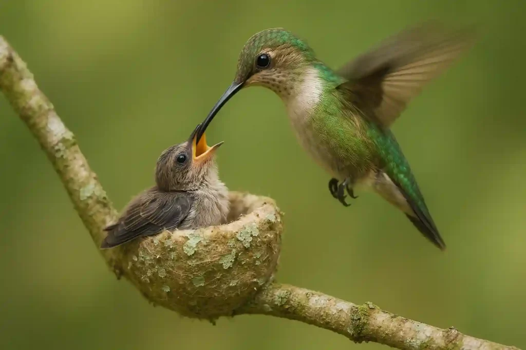 El Colibrí: Descubre 10 Secretos de estos Increíbles Animales que Te Dejarán Sin Aliento Colibrí madre alimentando a su cría en un pequeño nido sobre una rama en medio del bosque
