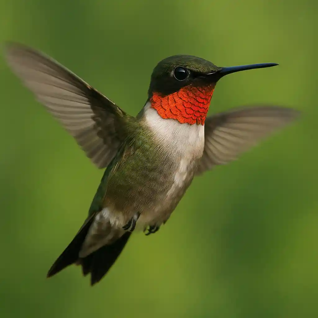 El Colibrí: Descubre 10 Secretos de estos Increíbles Animales que Te Dejarán Sin Aliento Colibrí macho de garganta rubí en pleno vuelo, mostrando su plumaje verde y rojo brillante sobre fondo verde natural