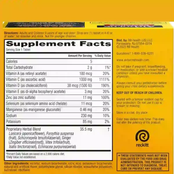 Comprimidos Efervescentes Airborne Sabor Naranja – Refuerzo Inmunológico con Vitamina C y Antioxidantes