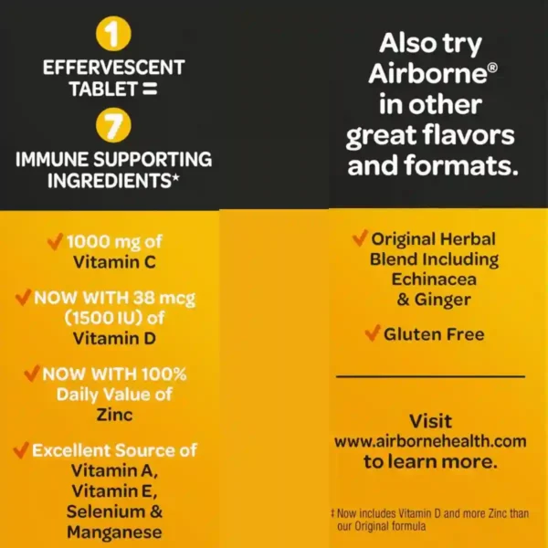 Comprimidos Efervescentes Airborne Sabor Naranja – Refuerzo Inmunológico con Vitamina C y Antioxidantes