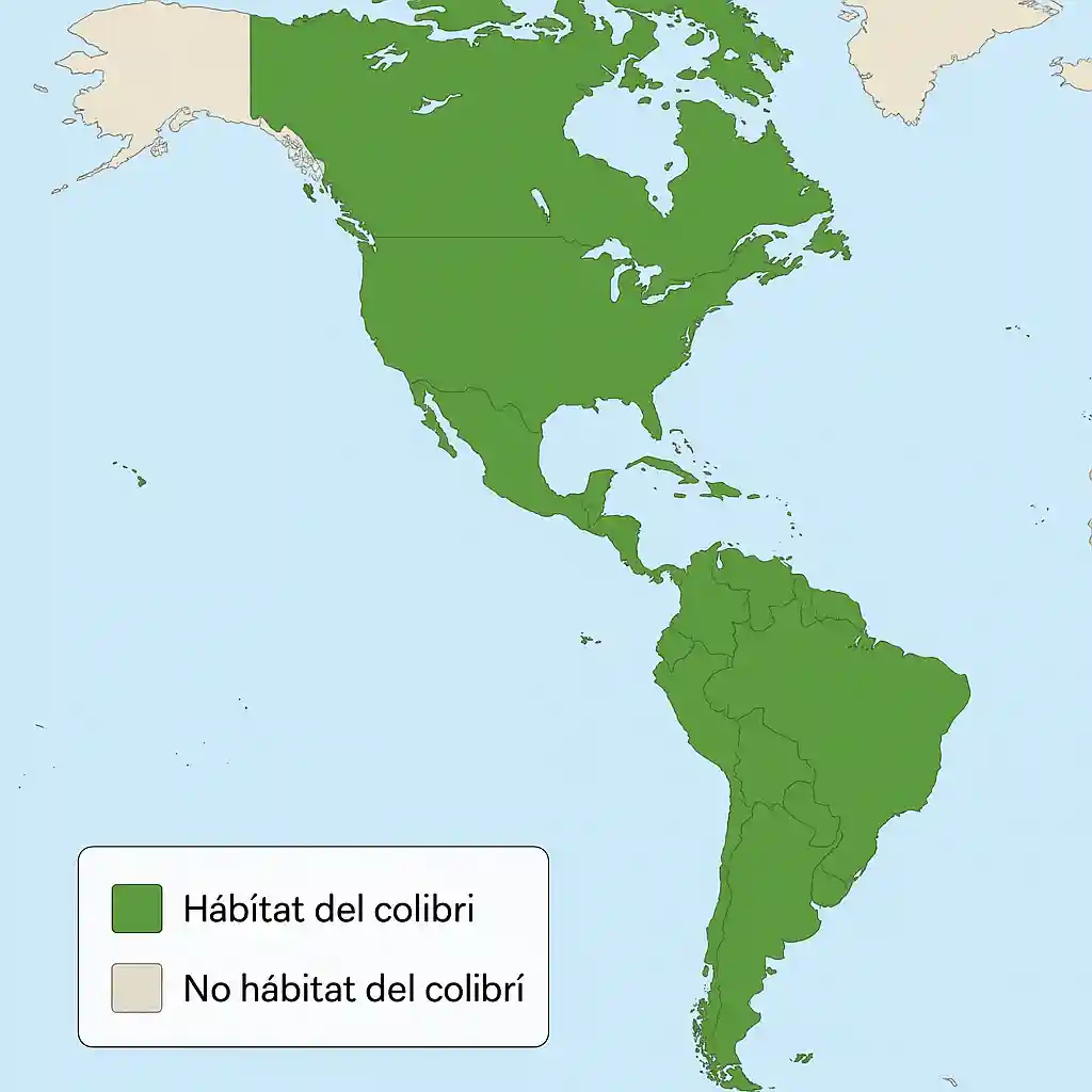 El Colibrí: Descubre 10 Secretos de estos Increíbles Animales que Te Dejarán Sin Aliento Mapa que muestra la distribución del hábitat del colibrí en América, destacando las zonas donde habita en color verde